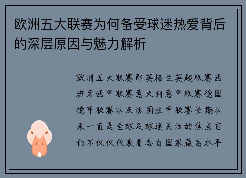 欧洲五大联赛为何备受球迷热爱背后的深层原因与魅力解析